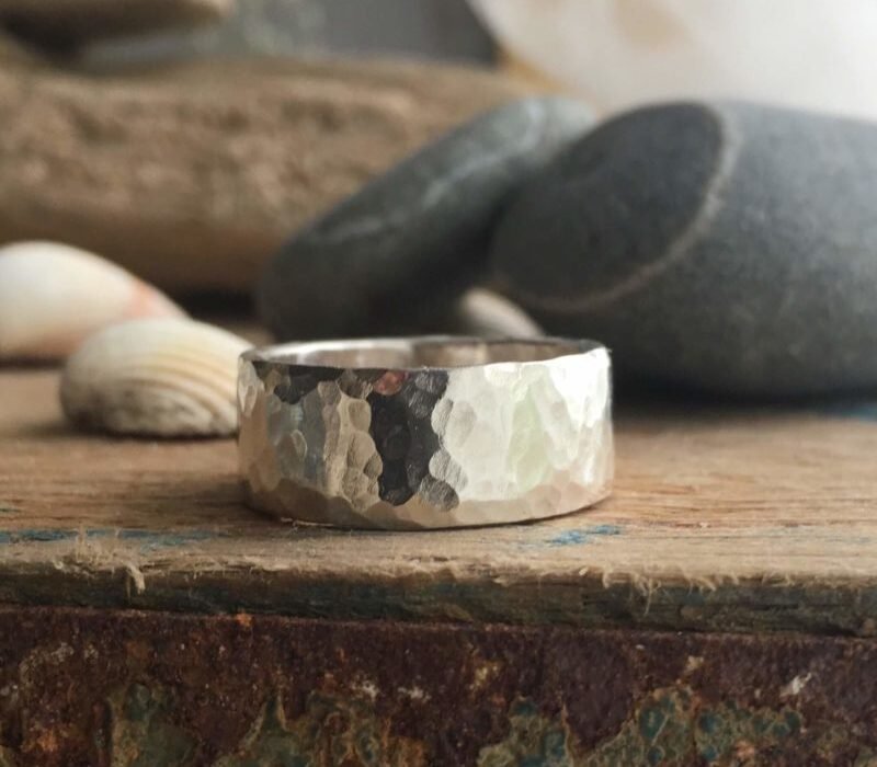 Hammered finish recycled silver band ring