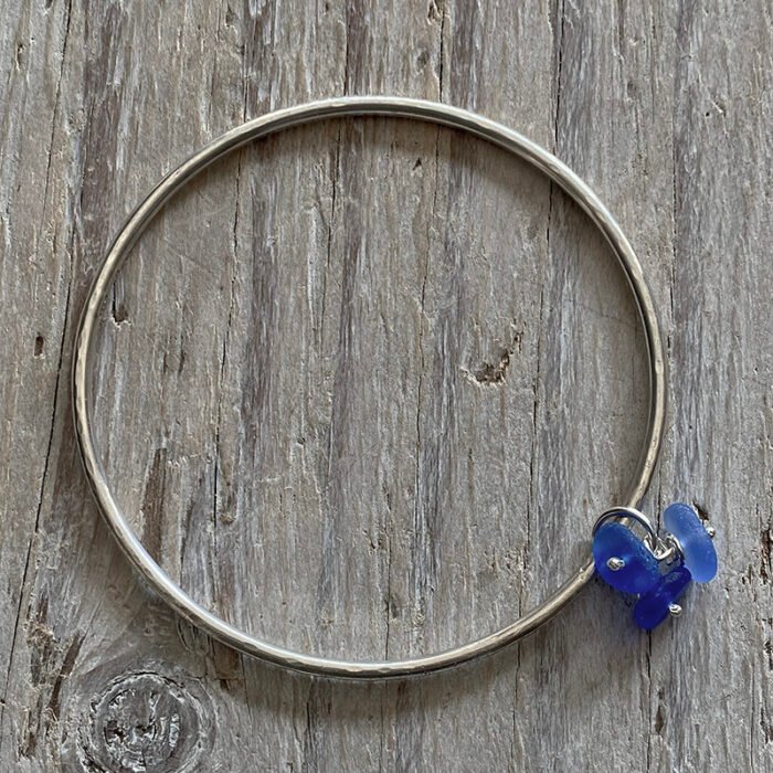 Blue sea glass cluster recycled silver bangle