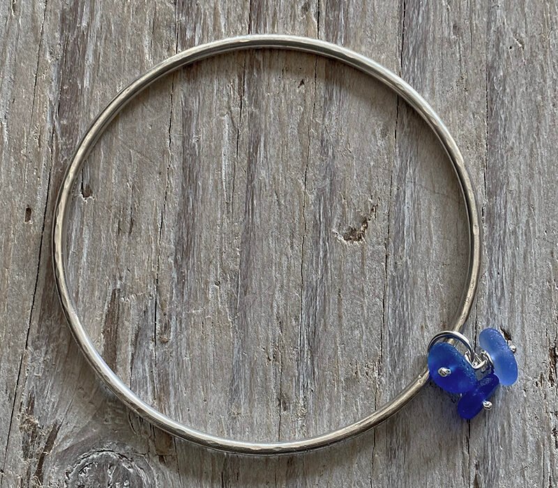 Blue sea glass cluster recycled silver bangle