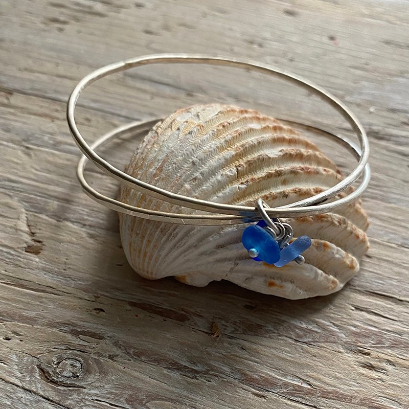 recycled silver wrap bangle with seaglass charm